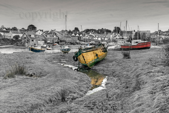 Abersoch inner harbour black and white with hand coloured effect.BWCB