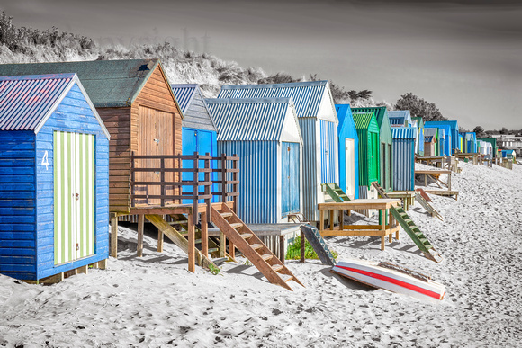 Beach huts Abersoch, b&w&colour,BHCSLbw