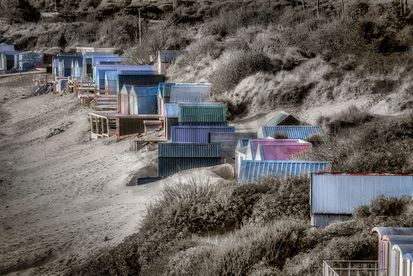 Beach huts , Abersoch, B&W & colour,BHORbw