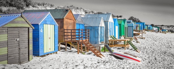 Beach huts Abersoch,b&w & colour, BHCSbwpan